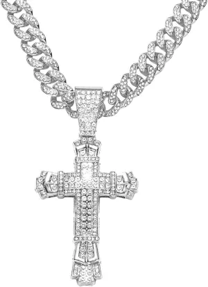 Iced Out Cuban Link Chain for Men, Miami Style Silver and Gold Plated Bling Necklace, Diamond Hip Hop Jewelry