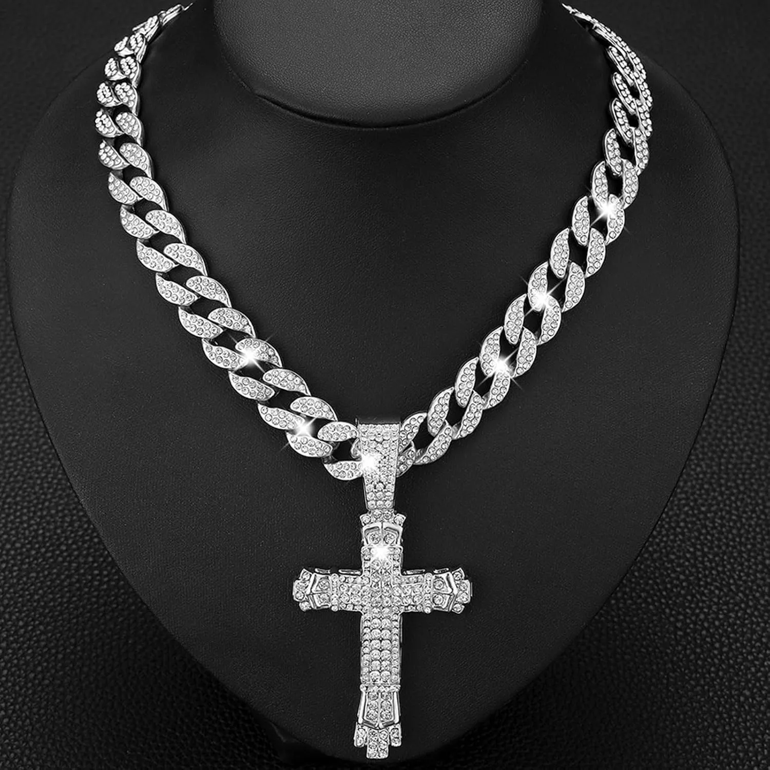 Iced Out Cuban Link Chain for Men, Miami Style Silver and Gold Plated Bling Necklace, Diamond Hip Hop Jewelry