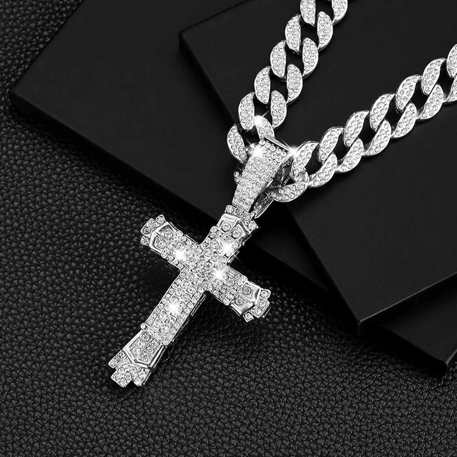 Iced Out Cuban Link Chain for Men, Miami Style Silver and Gold Plated Bling Necklace, Diamond Hip Hop Jewelry