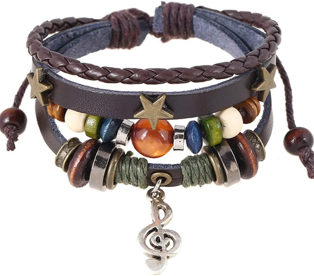 kelistom Genuine Leather Bracelet for Men Women Teen Boys Girls, Handmade Braided Link Charm Bracelets Wristbands Gothic Adjustable Wrap Bracelet