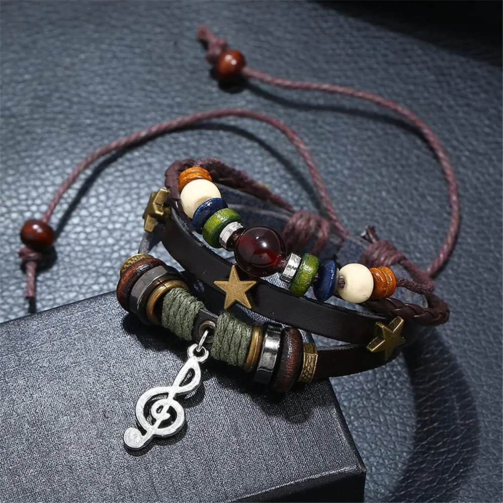 kelistom Genuine Leather Bracelet for Men Women Teen Boys Girls, Handmade Braided Link Charm Bracelets Wristbands Gothic Adjustable Wrap Bracelet