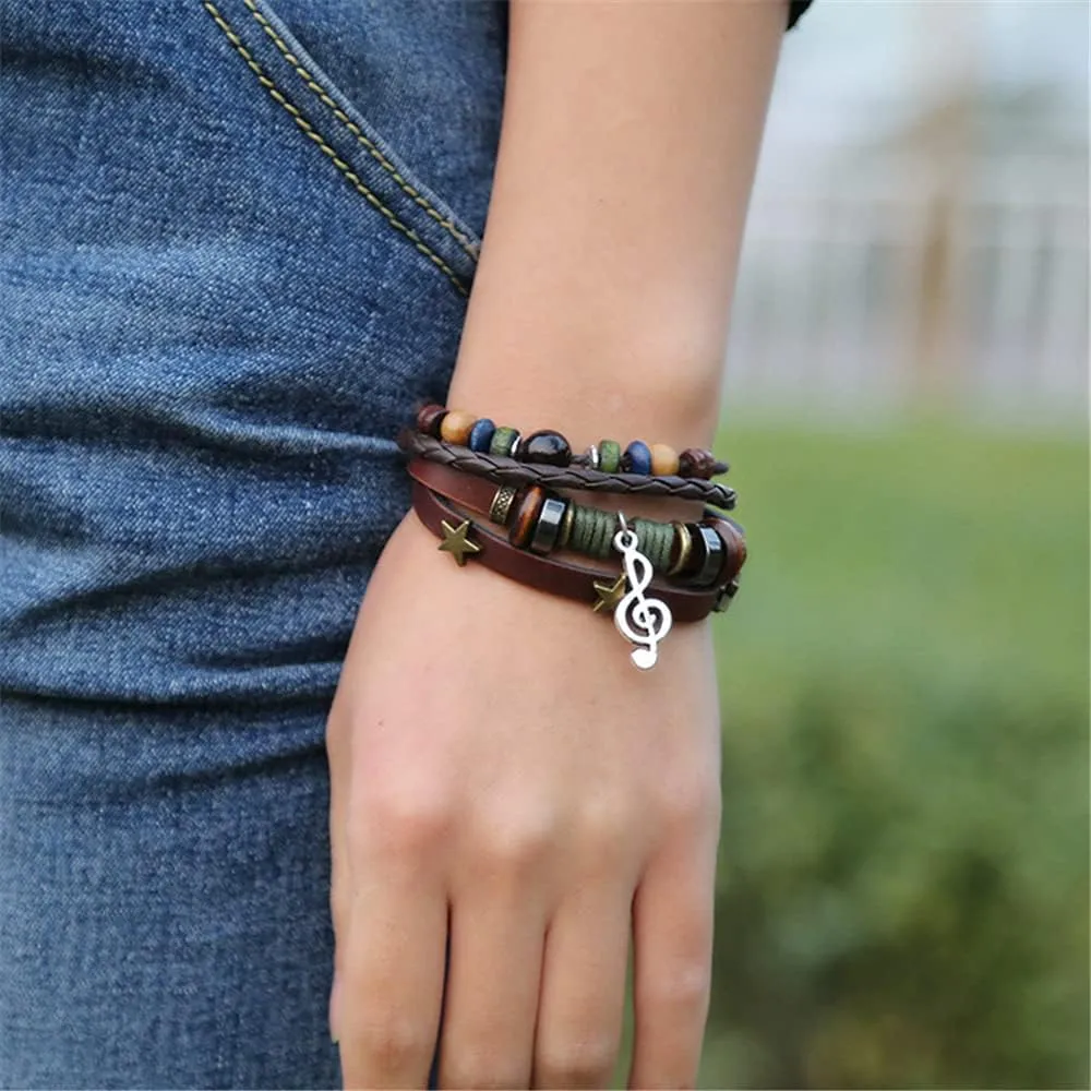 kelistom Genuine Leather Bracelet for Men Women Teen Boys Girls, Handmade Braided Link Charm Bracelets Wristbands Gothic Adjustable Wrap Bracelet