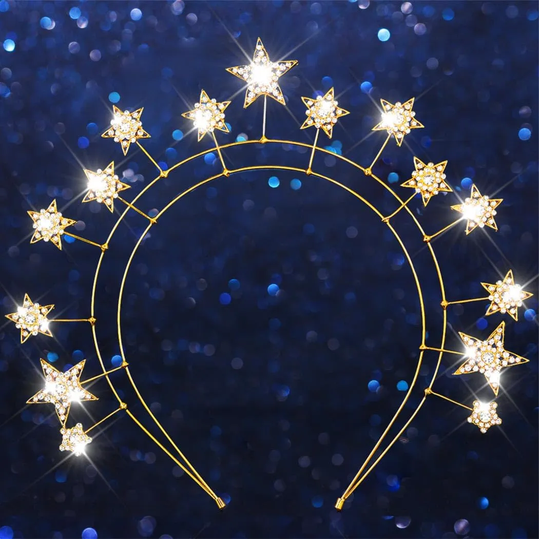 Kilshye Rhinestone Star Wedding Headband Crystal Halo Crown Goddess Costume Headpiece for Women and Girls (Gold)