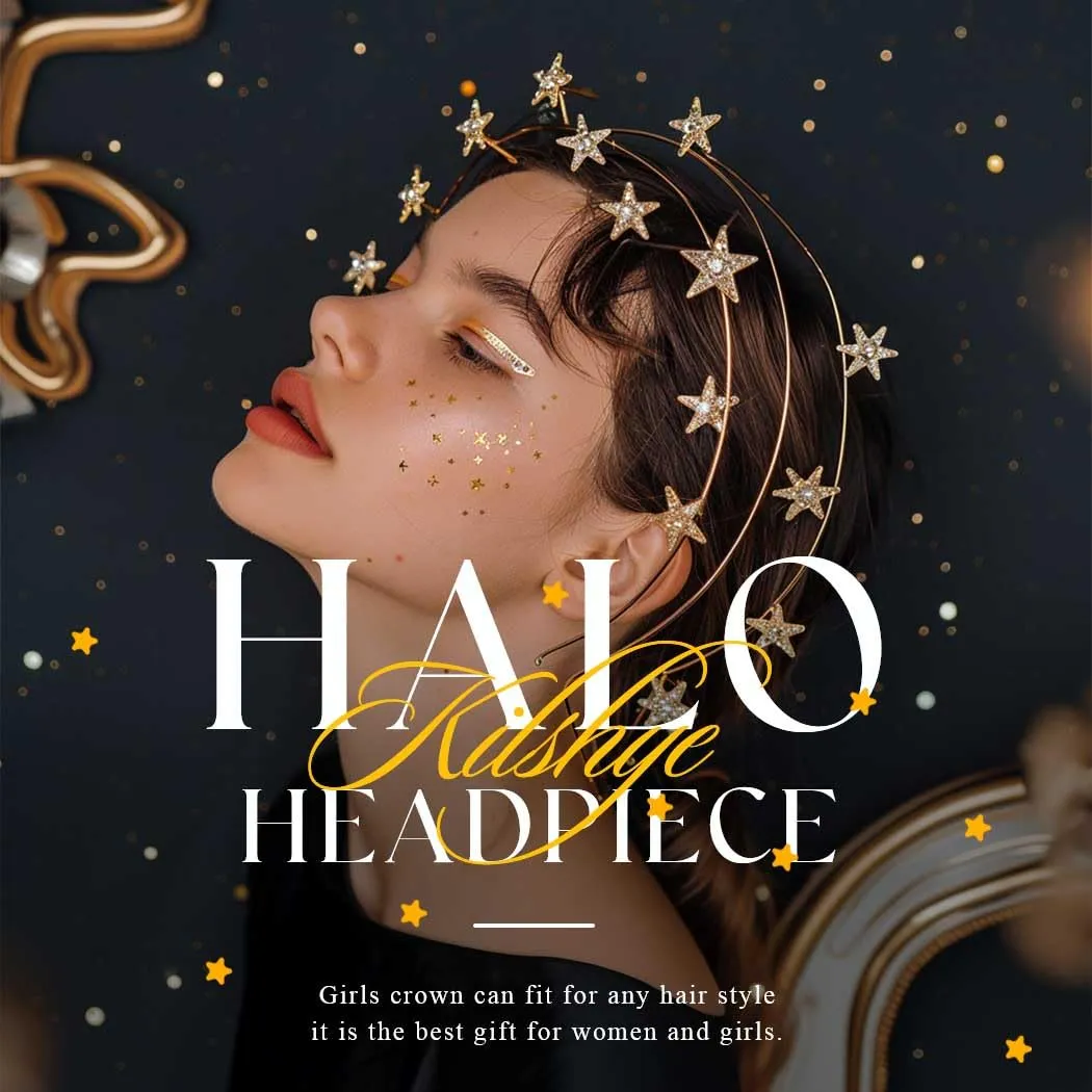 Kilshye Rhinestone Star Wedding Headband Crystal Halo Crown Goddess Costume Headpiece for Women and Girls (Gold)