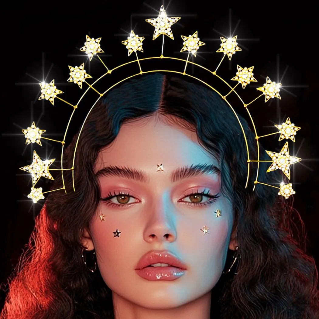 Kilshye Rhinestone Star Wedding Headband Crystal Halo Crown Goddess Costume Headpiece for Women and Girls (Gold)