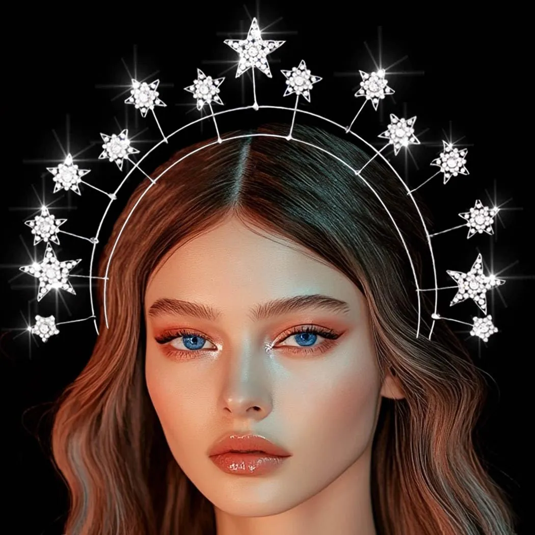 Kilshye Rhinestone Star Wedding Headband Crystal Halo Crown Goddess Costume Headpiece for Women and Girls (Silver)