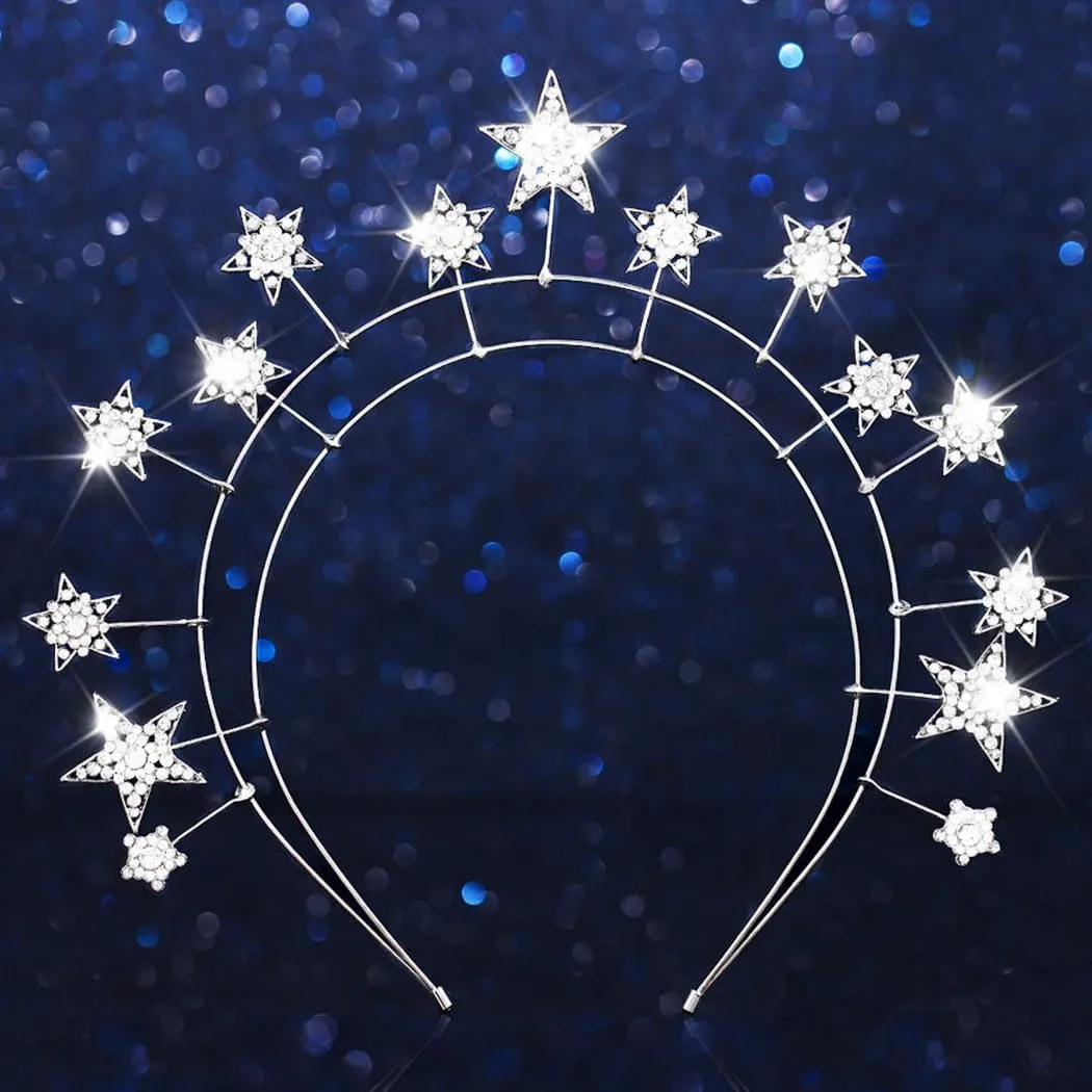 Kilshye Rhinestone Star Wedding Headband Crystal Halo Crown Goddess Costume Headpiece for Women and Girls (Silver)