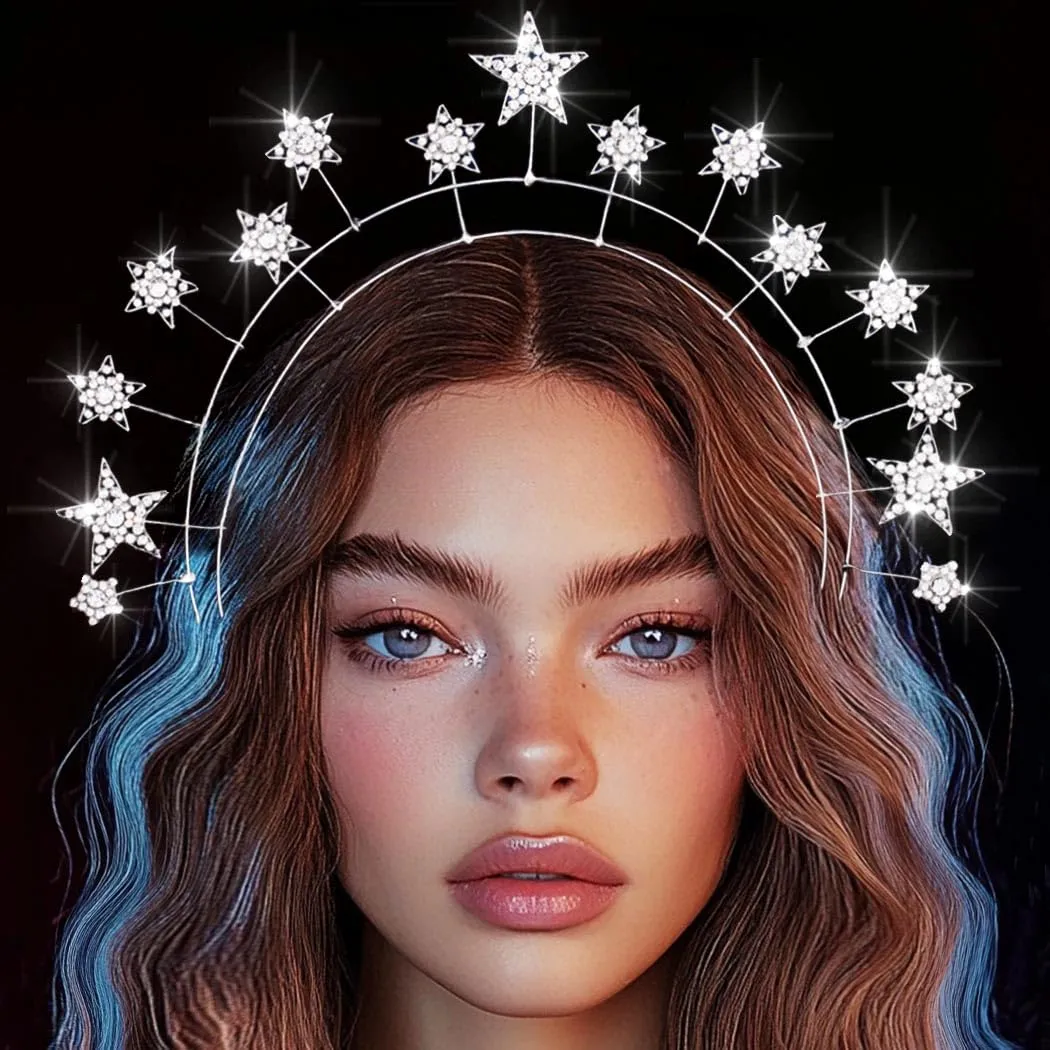 Kilshye Rhinestone Star Wedding Headband Crystal Halo Crown Goddess Costume Headpiece for Women and Girls (Silver)