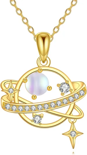 KZX 18K Gold Plated Saturn Necklace for Women 925 Sterling Silver Star Moon Space Pendant Necklace Jewelry Gifts for Sister Daughter