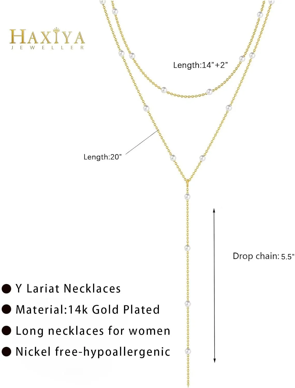 Lariat Gold Necklace for Women Dainty Long Necklace 14k Gold Plated/Silver Y-Shaped Pendant Drop Chain Trendy Layered Pearl/Beaded/CZ Necklaces Simple Gold Jewelry
