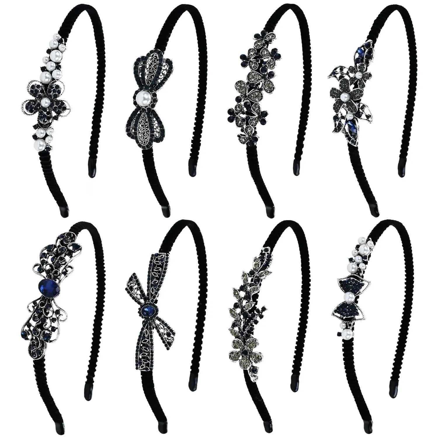 Lawie 8 Pack Rhinestone Flower Butterfly Bowknot Crown Rhinestone Jeweled Sparkly Black Metal Headbands Velvet Covered Thin Hair Bands with Teeth Non Slip Hair Clasp Holder Accessories for Women Girls