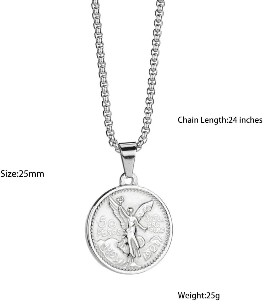Mexican Coin Centenario Mexicano Moneda 50 Pesos Pendant Necklace,18K Pendant Necklace Men Coin Jewelry