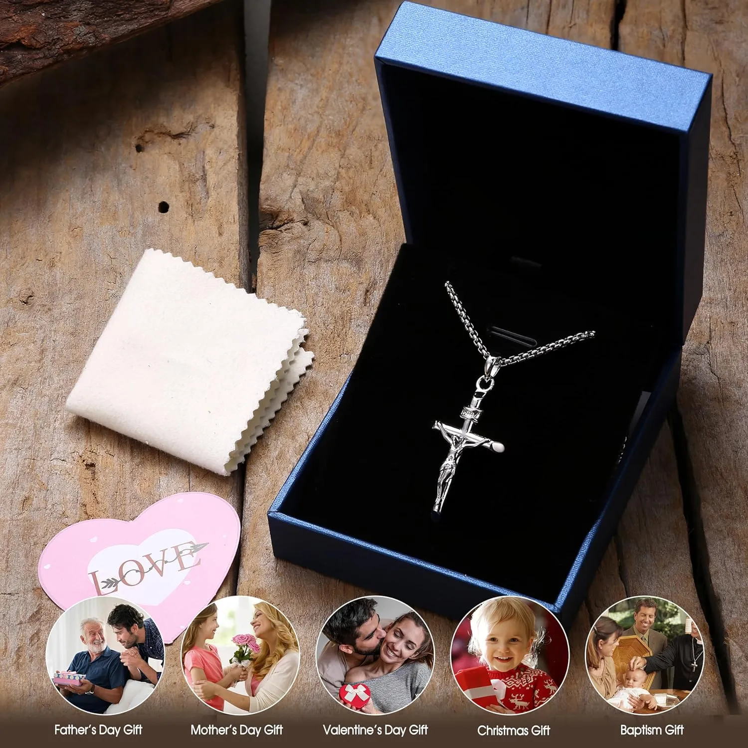 MILACOLATO 925 Sterling Silver Crucifix Necklace for Men Women, 2mm Sterling Silver Rolo Chain with Small or Large Crucifix Pendant, Jesus Crucifix Cross Necklace 16-24 Inches Christian Religious Jewelry Gifts
