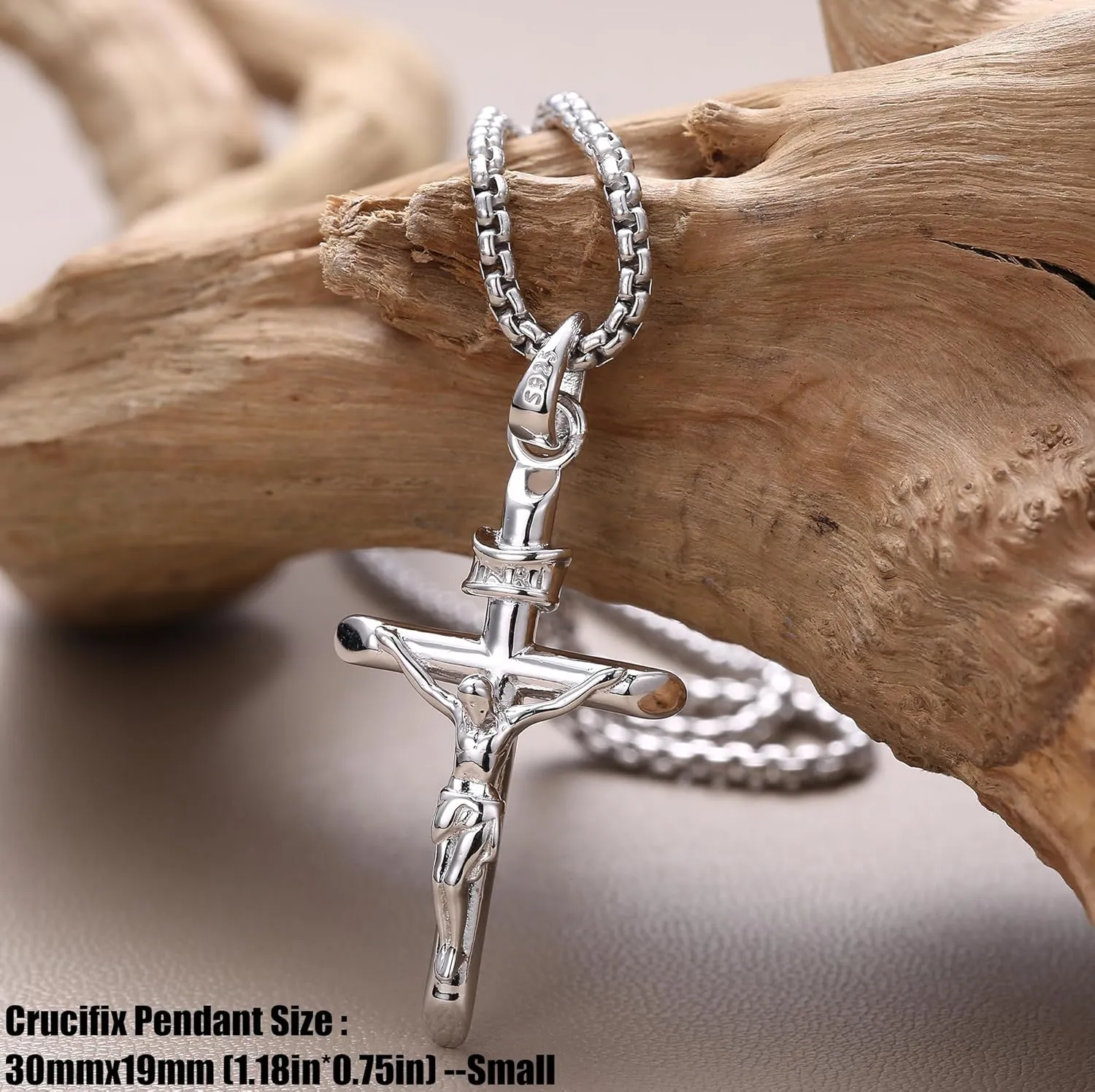 MILACOLATO 925 Sterling Silver Crucifix Necklace for Men Women, 2mm Sterling Silver Rolo Chain with Small or Large Crucifix Pendant, Jesus Crucifix Cross Necklace 16-24 Inches Christian Religious Jewelry Gifts