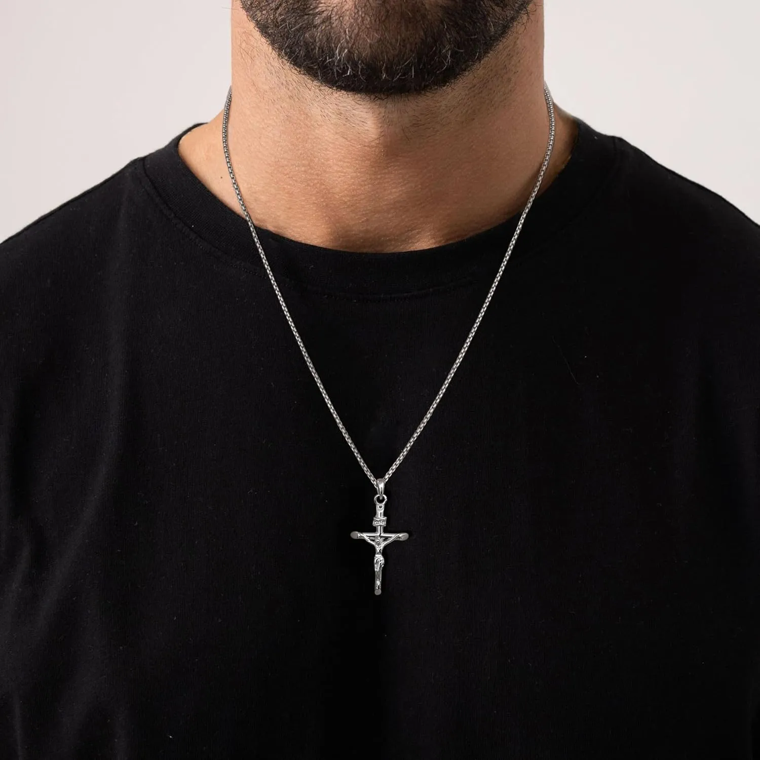 MILACOLATO 925 Sterling Silver Crucifix Necklace for Men Women, 2mm Sterling Silver Rolo Chain with Small or Large Crucifix Pendant, Jesus Crucifix Cross Necklace 16-24 Inches Christian Religious Jewelry Gifts