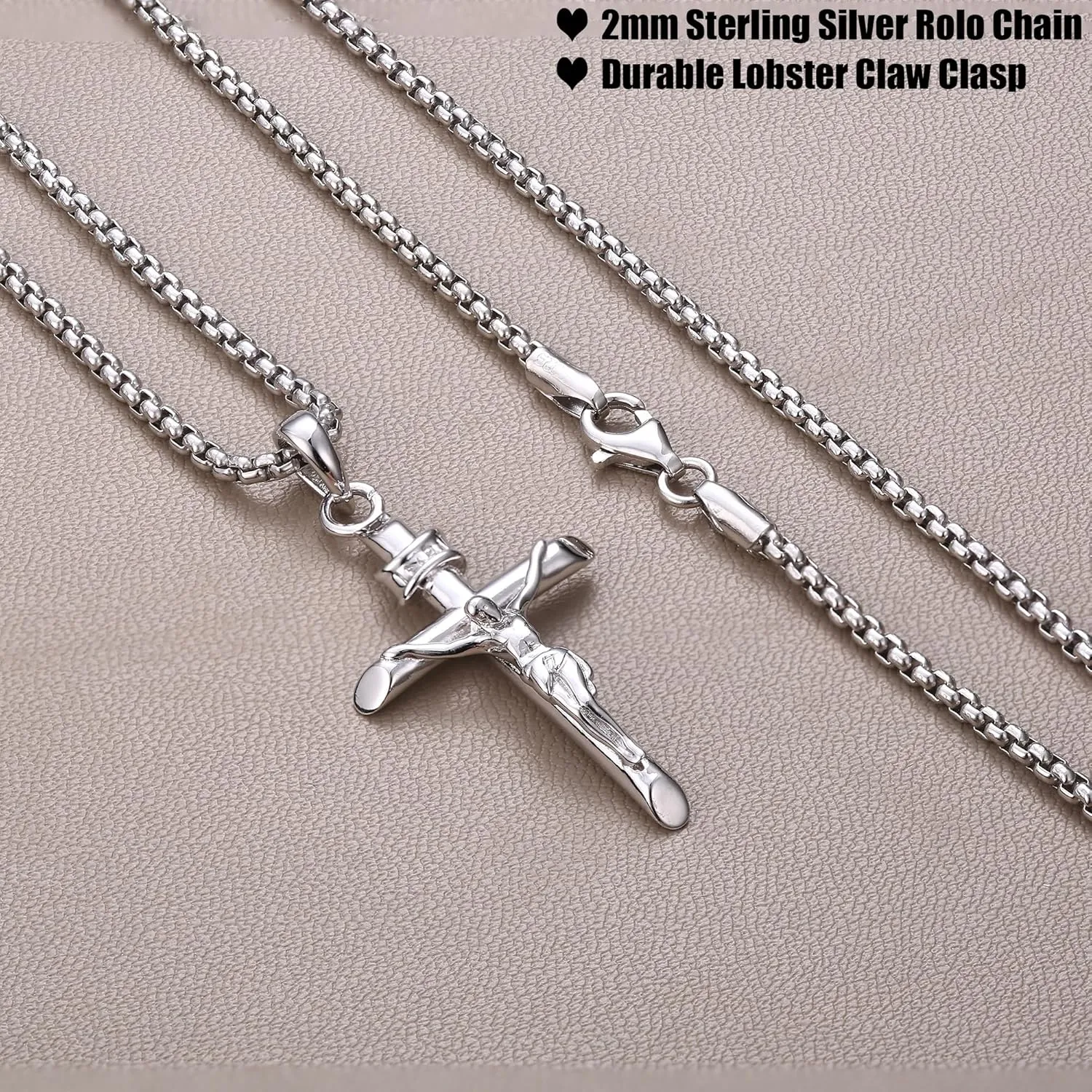 MILACOLATO 925 Sterling Silver Crucifix Necklace for Men Women, 2mm Sterling Silver Rolo Chain with Small or Large Crucifix Pendant, Jesus Crucifix Cross Necklace 16-24 Inches Christian Religious Jewelry Gifts