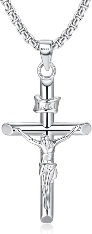 MILACOLATO 925 Sterling Silver Crucifix Necklace for Men Women, 2mm Sterling Silver Rolo Chain with Small or Large Crucifix Pendant, Jesus Crucifix Cross Necklace 16-24 Inches Christian Religious Jewelry Gifts
