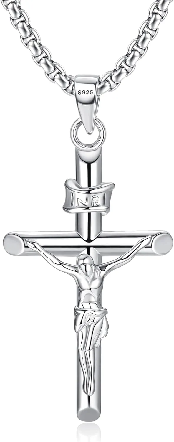 MILACOLATO 925 Sterling Silver Crucifix Necklace for Men Women, 2mm Sterling Silver Rolo Chain with Small or Large Crucifix Pendant, Jesus Crucifix Cross Necklace 16-24 Inches Christian Religious Jewelry Gifts