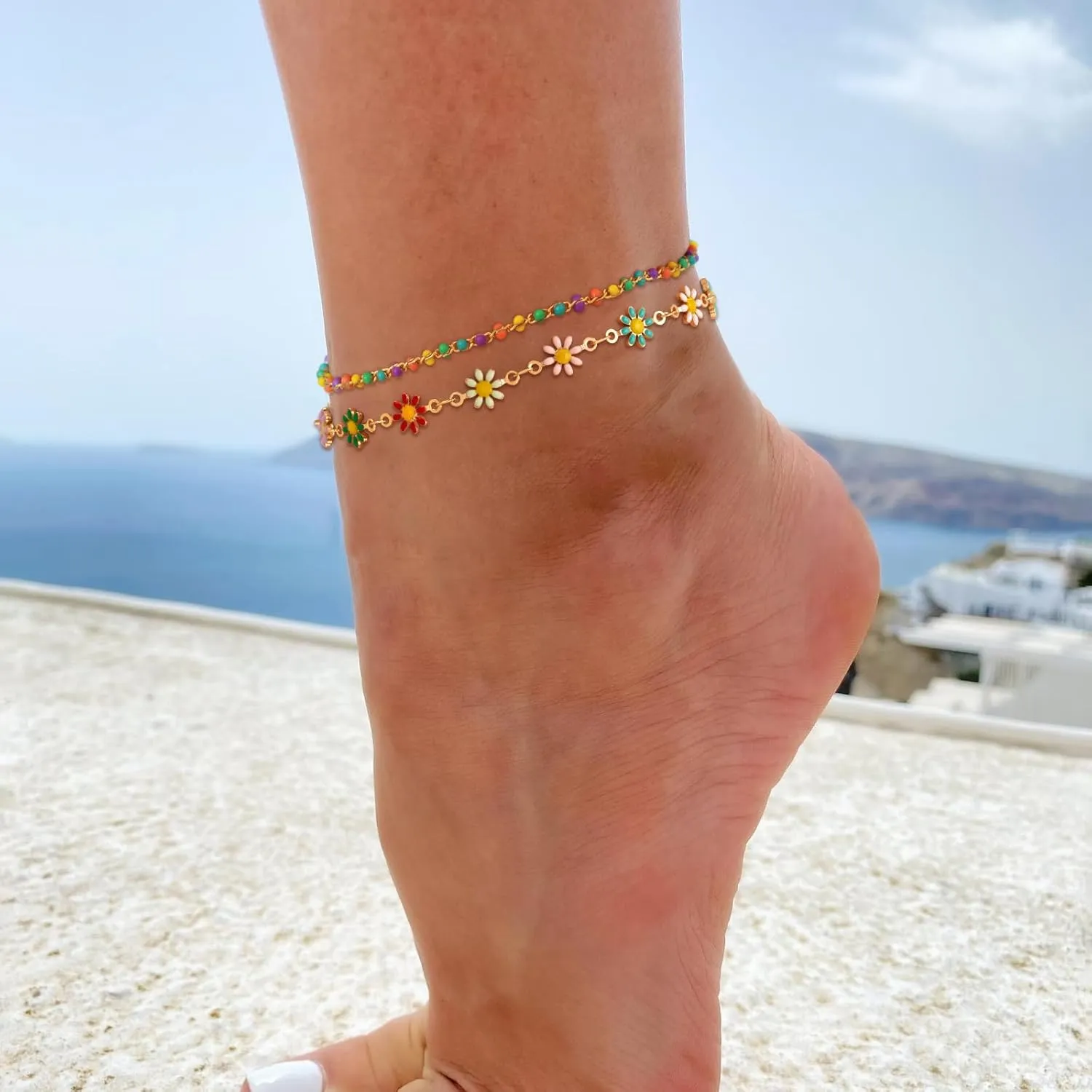 MTMY Gold Plated Anklets for Women - 14K Gold, Green Rose Colorful Cubic Zirconia Tassel Foot Chain Dainty Cute Adjustable Summer Beach Boho Anklets