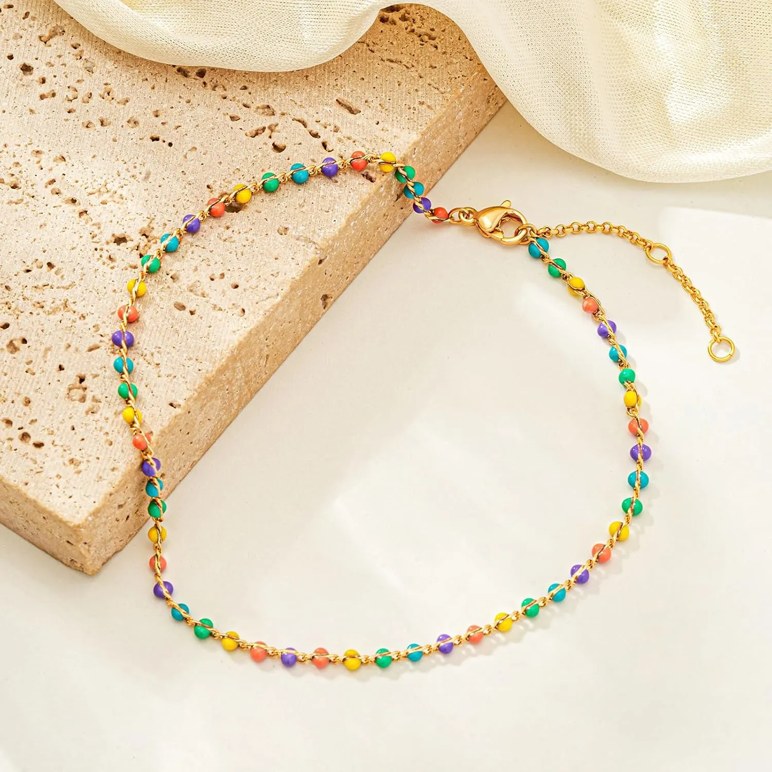 MTMY Gold Plated Anklets for Women - 14K Gold, Green Rose Colorful Cubic Zirconia Tassel Foot Chain Dainty Cute Adjustable Summer Beach Boho Anklets