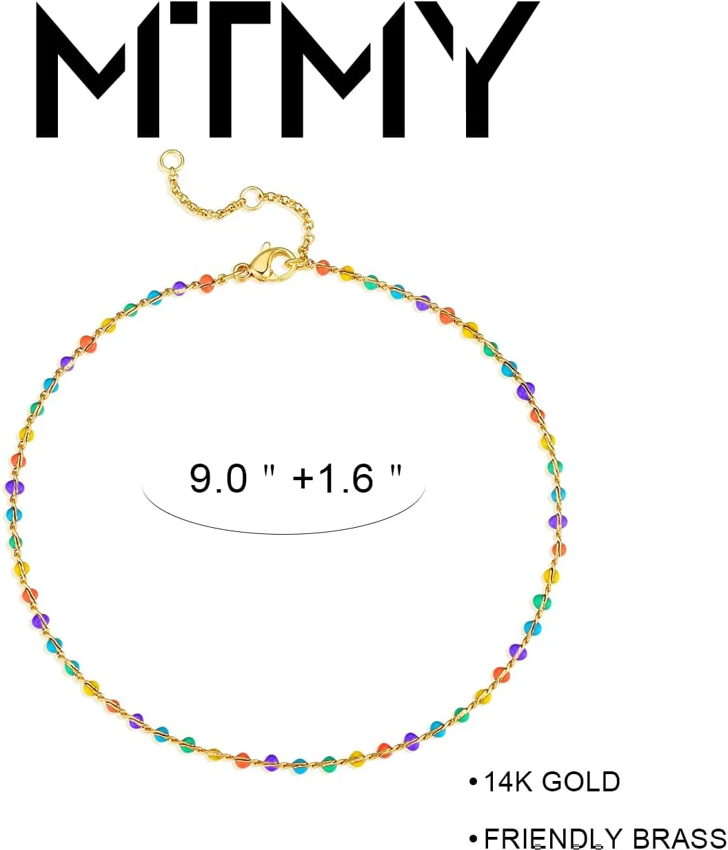 MTMY Gold Plated Anklets for Women - 14K Gold, Green Rose Colorful Cubic Zirconia Tassel Foot Chain Dainty Cute Adjustable Summer Beach Boho Anklets