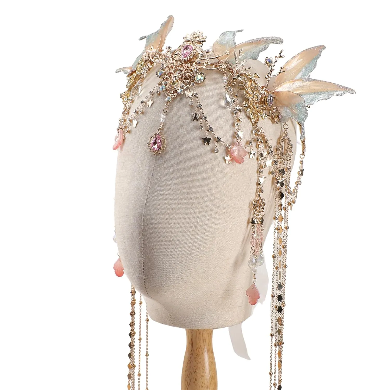 Renaissance Butterfly Elf Fairy Crown - Fairy Headband with Pink Butterfly Wings Elf Headpiece with Tassel Elven Tiara Wedding Renfaire Dress Up Cosplay Christmas Accessories for Women