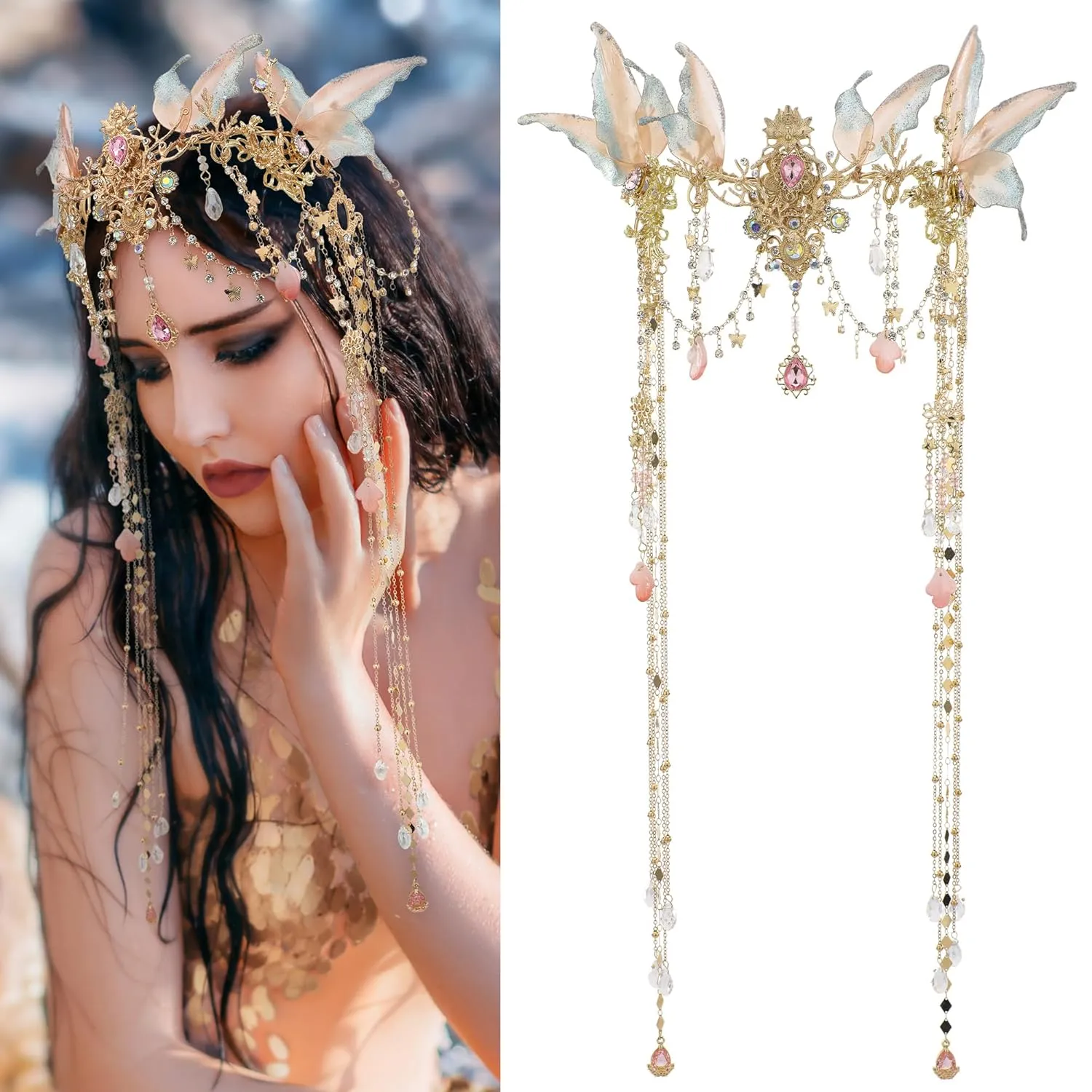 Renaissance Butterfly Elf Fairy Crown - Fairy Headband with Pink Butterfly Wings Elf Headpiece with Tassel Elven Tiara Wedding Renfaire Dress Up Cosplay Christmas Accessories for Women