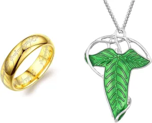 The One Ring to Rule Them All For Men & Women,Lord of The Rings, Elegant Elven Green Tree Leaf Enamel Pins Brooch Pendant Necklace??Hobbit Stainless Steel Rings of Power Cosplay Jewelry