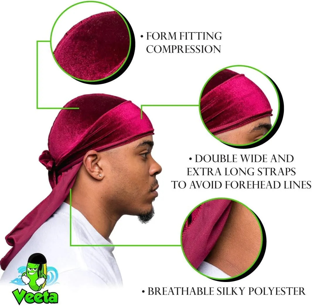 Veeta Superior Velvet Durag - Soft Velvet Durags for Men & Women, Long Double Wide Straps, Silky Durag Liner, Triple Stitched