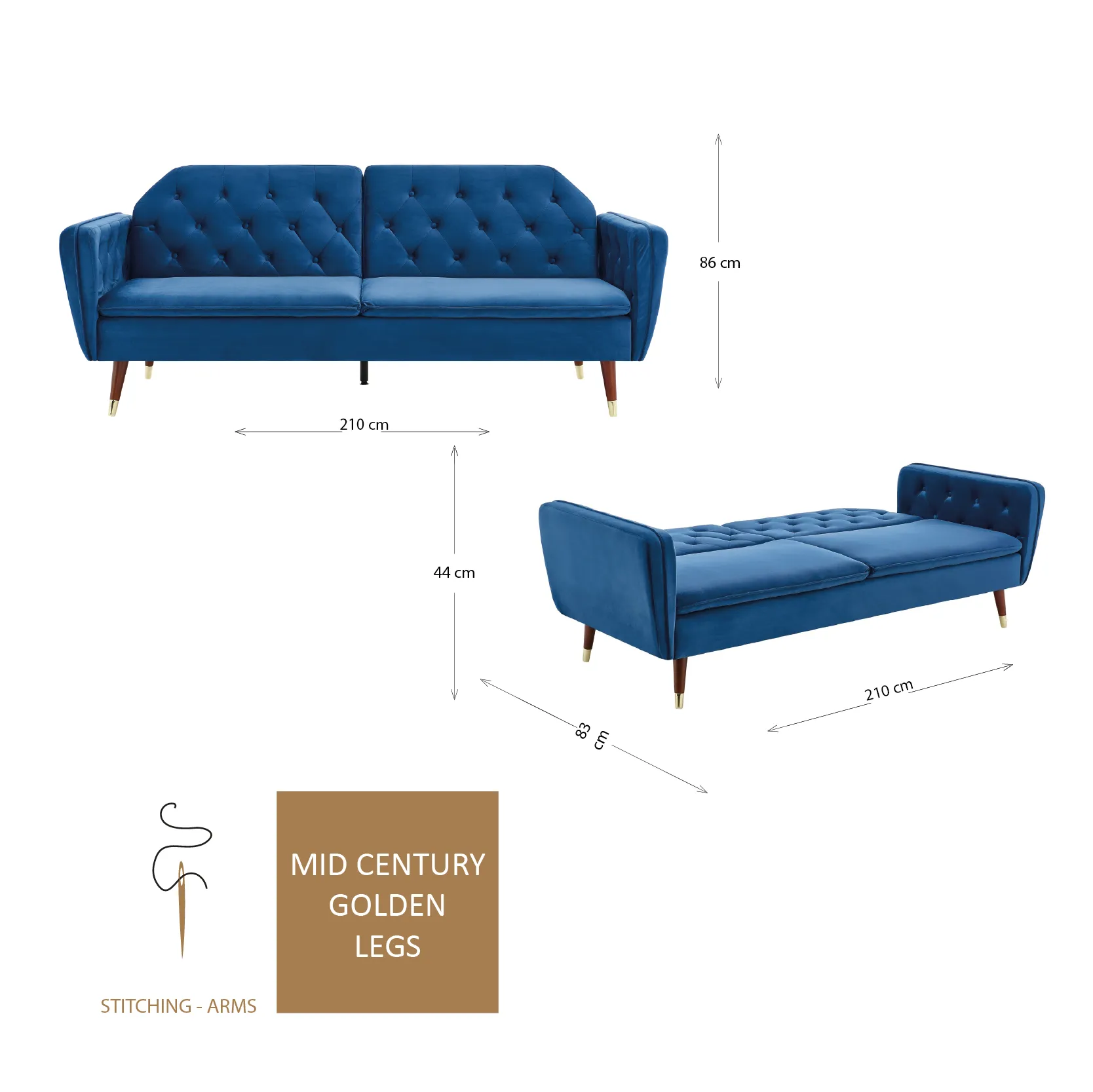 Victoria 3 Seater Velvet Click Clack Sofa Bed  - Blue