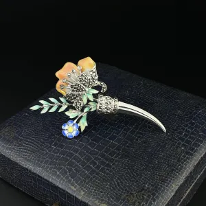 Vintage Art Deco Silver Marcasite Enamel Floral Brooch