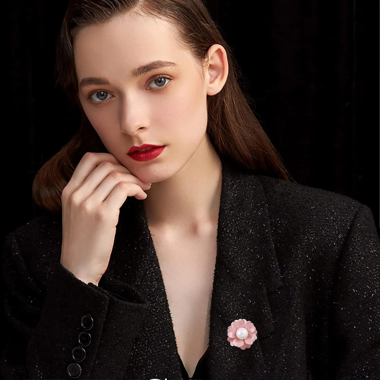 Women Camellia Flower Pearl Enamel Brooch Pins for Ladies Jewelry Fashion