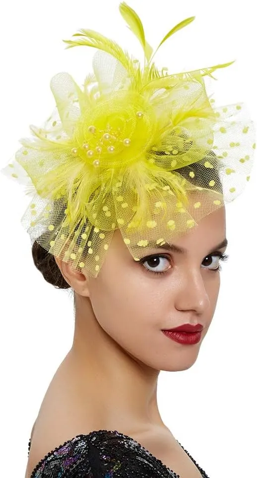 Women Fascinator Feather Flower Hair Clip Pin Brooch Corsage for Bridal Hairband Derby Hat Cocktail Party Wedding