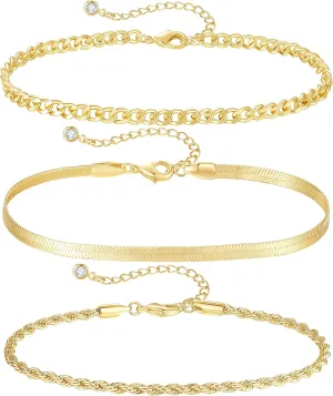 XIANNVXI Gold Anklets for Women 3Pcs Anklet Jewelry Waterproof 14K Gold Ankle Stack Anklet for Women Waterproof Gold Summer Bracelets Non Tarnish Cuban Link Anklets