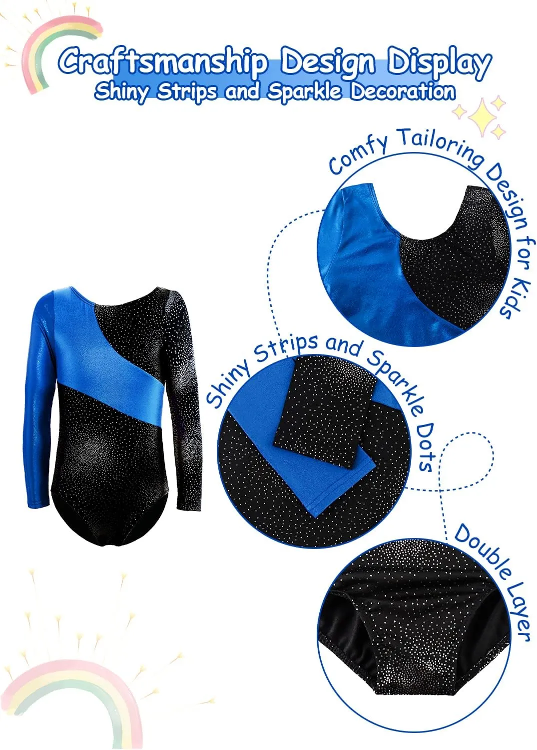 XiaoMoSha Gymnastics Leotards for Girls Long Sleeve Kids Unitards Dancewear Sparkle Rainbow Mermaid Ribbons Tumbling Outfits