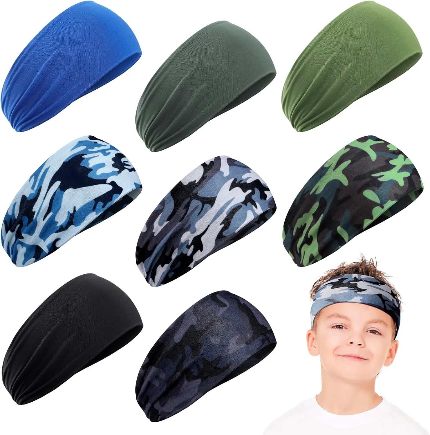 Zhanmai 8 Pieces Boys Headbands Athletic Sweatbands Kids Sports Wicking Breathable Headbands Elastic Girls Boys for Football Basketball Running Exercise
